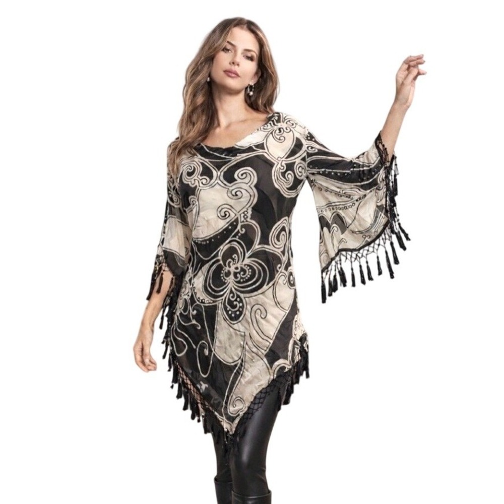 Mary L. Couture Silk Blouse Womens S Black White Excellent Beaded Fringe Tassel